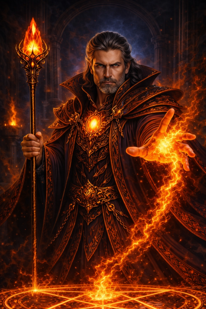 Carta El Mago de la baraja de Tarot Atra Ignis: un mago maduro y fuerte con una mirada intensa, rodeado de fuego, rayos y energía cósmica.