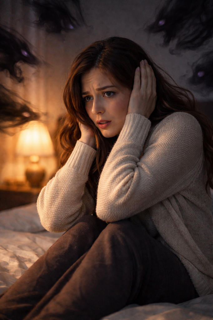 A woman experiencing fear and emotional distress at night, symbolizing negative spiritual or energetic influence.