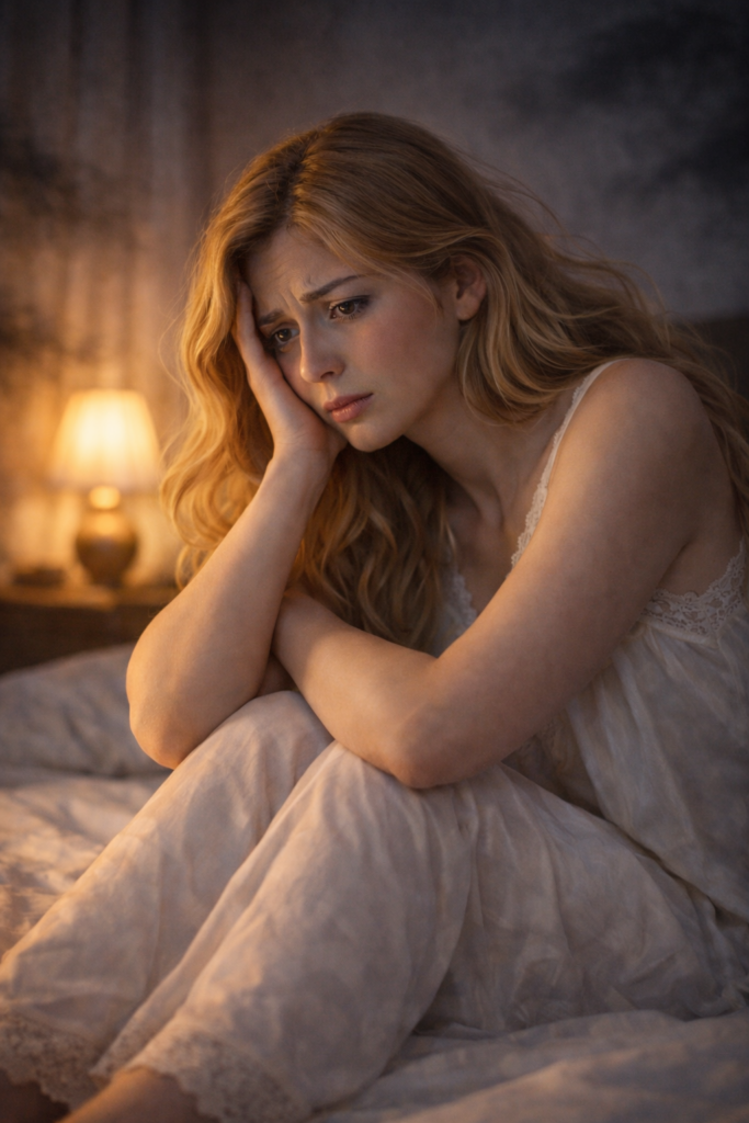 A sensitive young blonde woman sitting alone at night, appearing worried and emotionally distressed in a dimly lit bedroom, symbolizing fear of negative influence.