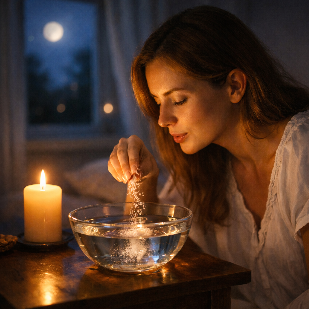 Evening water cleansing ritual for protection — woman adding salt to a bowl of water by candlelight, setting intention to cleanse herself and protect the home before sleep.