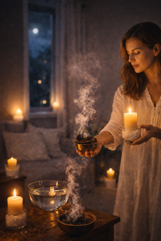 Woman performing a full home cleansing ritual with fire, water, salt and incense — holding a candle and smoking censer while a bowl of water stands on the table; evening energy cleansing and protection of the house.