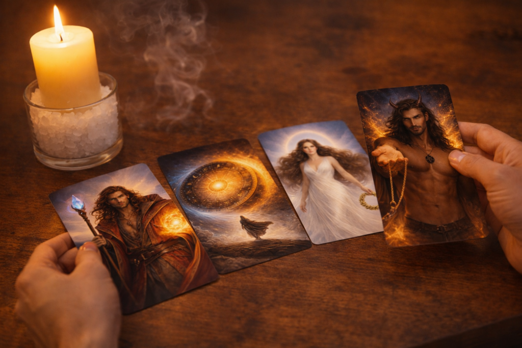 Consulta de tarot online — manos realizando una tirada con cartas de autor sobre mesa de madera, vela encendida y humo suave de incienso, sesión profesional de diagnóstico energético y orientación personalizada.