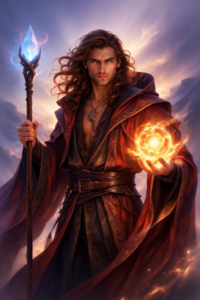 The Magician I tarot card from Atra Lumen deck, luminous male figure with calm expression, soft indigo background, holding light energy in hands