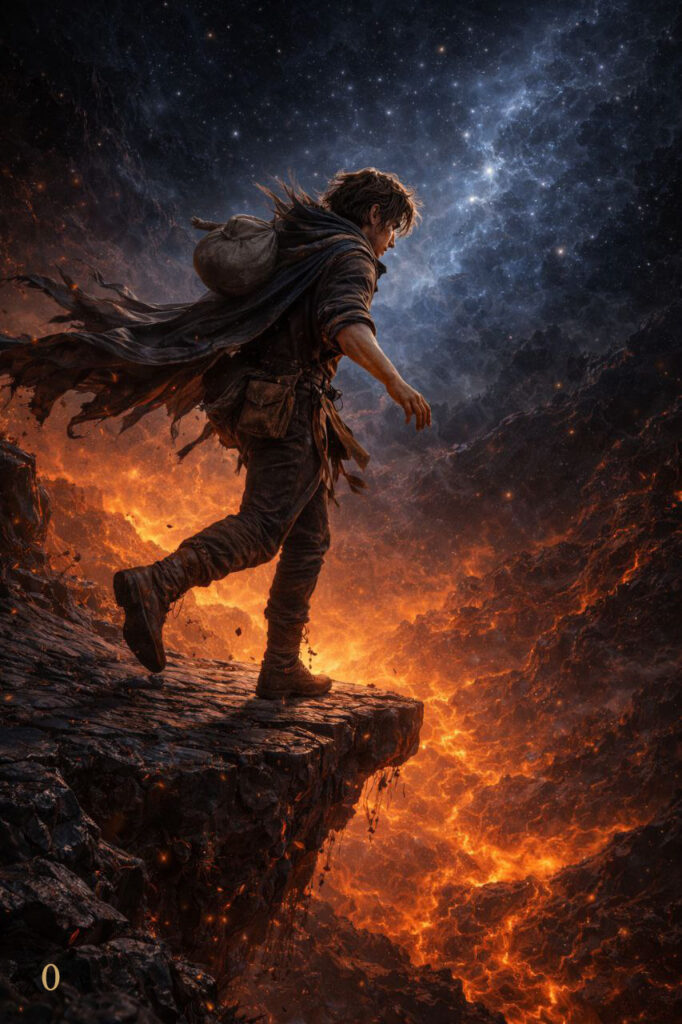 The Fool – Atra Ignis Tarot – young traveler standing at the edge of a fiery cosmic abyss, deep indigo night sky, warm firelight below.