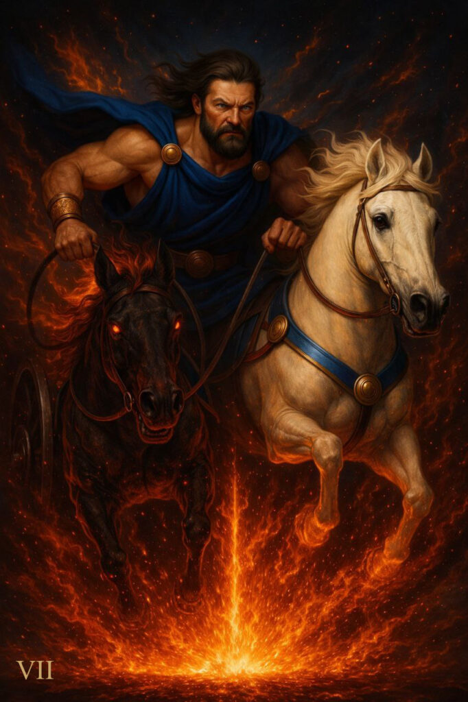 Atra Ignis tarot card The Chariot (VII), indigo and fire aesthetic, original author deck