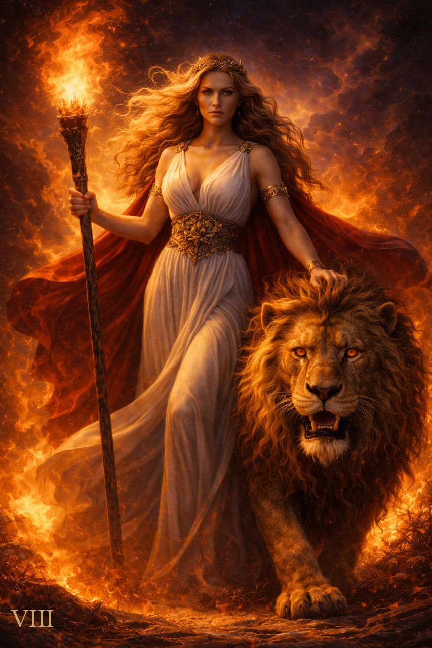 Atra Ignis tarot card – Strength – original author deck artwork