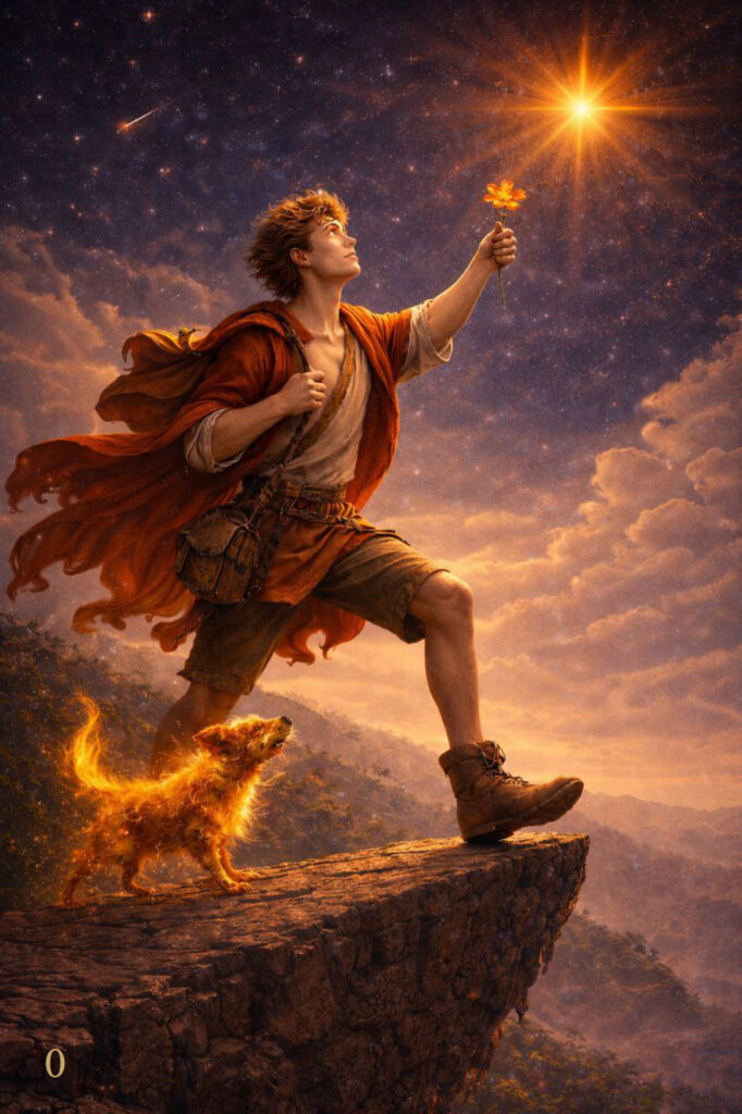 The Fool – Atra Lumen Tarot – young traveler illuminated by soft lunar light, standing at the edge of a glowing indigo landscape under a calm night sky.