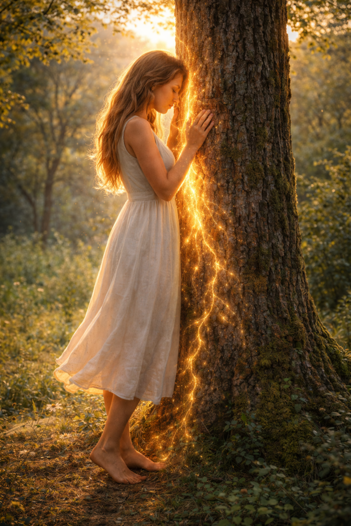 Limpieza energética con árbol — mujer descalza abrazando un árbol y conectando su energía para liberar cargas negativas y recuperar equilibrio