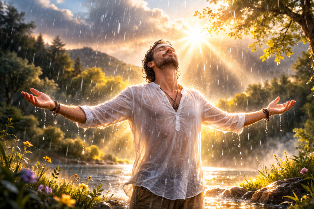 Hombre bajo la lluvia practicando limpieza energética natural para eliminar malas energías y renovar su campo energético