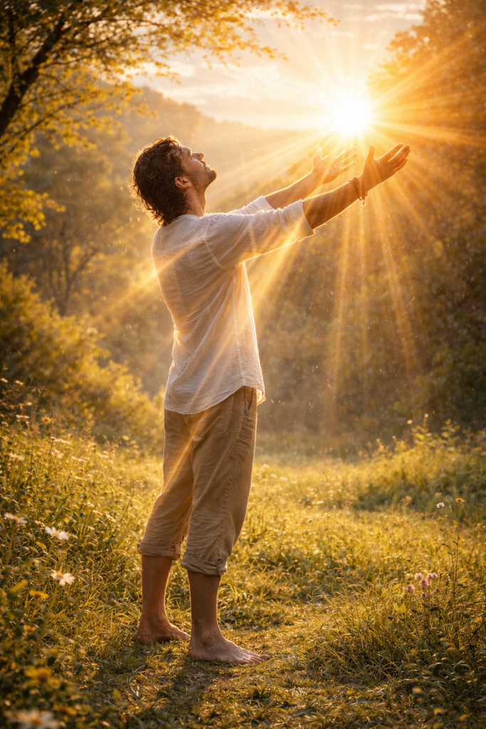 Limpieza energética con el sol — hombre descalzo recibiendo la luz solar para eliminar energías negativas y restaurar el equilibrio interior