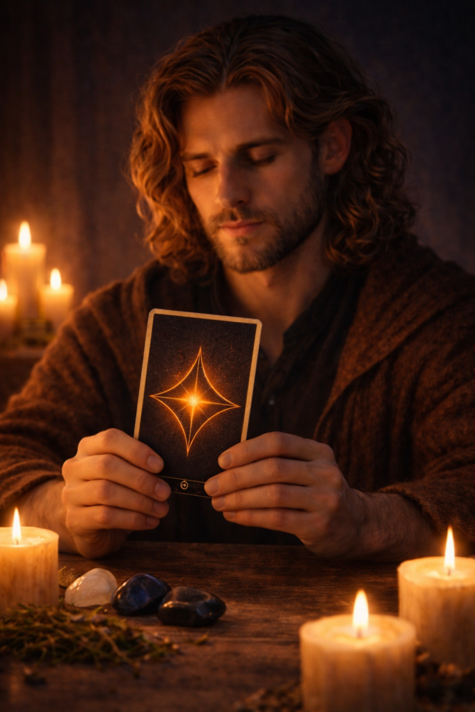 man meditating with tarot card atrsola deck candlelight tarot meditation