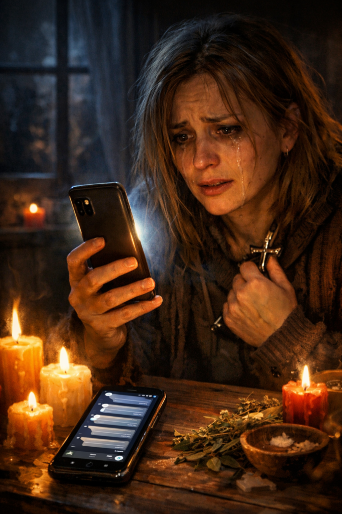 A frightened woman receives alarming messages about a curse and urgent demands for spiritual cleansing
