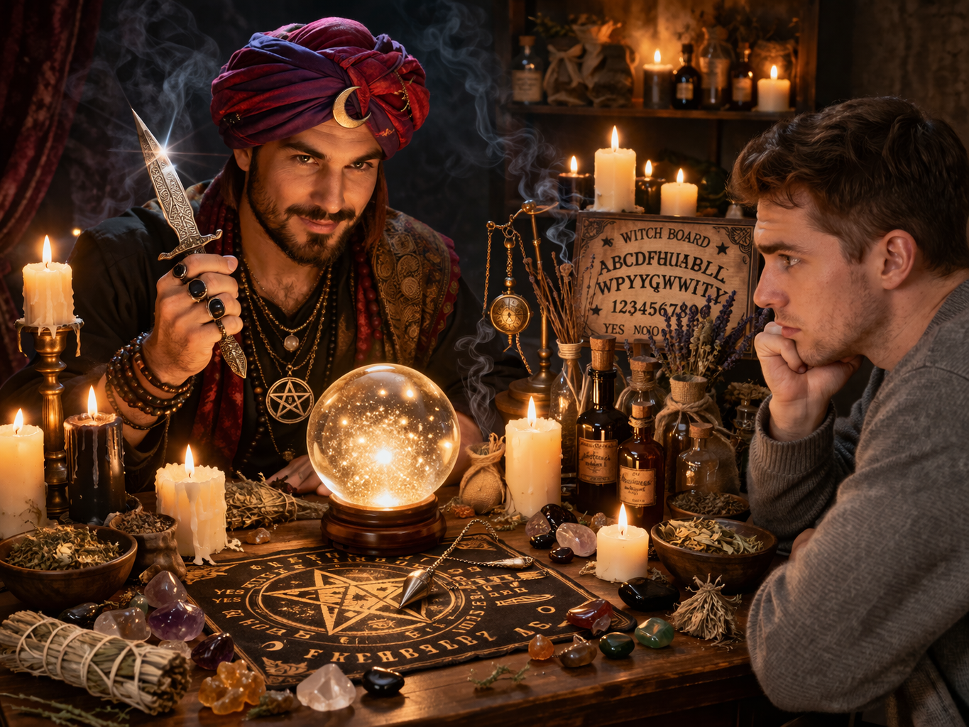 An inexperienced self-proclaimed mage performs a ritual with mystical tools after taking esoteric courses