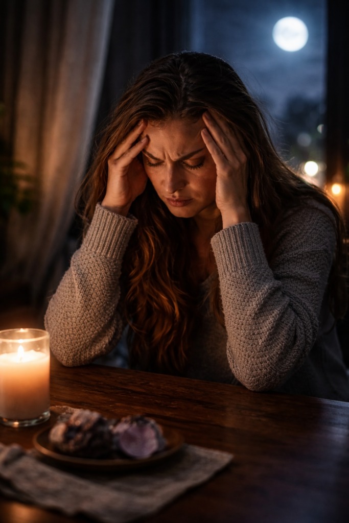 Woman looking distressed after a spiritual cleansing ritual, tarot cards, candle and ritual tools on the table, feeling worse after energy cleansing.