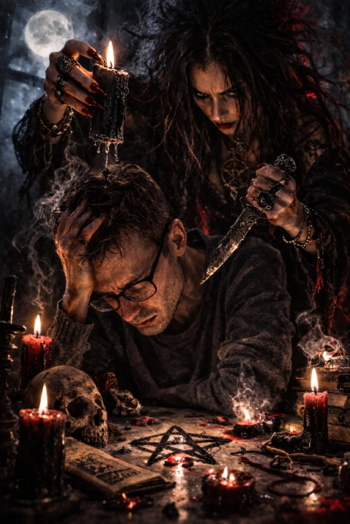 Aggressive spiritual cleansing ritual performed by an inexperienced practitioner holding a knife over a distressed man, black candle burning on the table, symbolizing a dangerous and overly forceful energy cleansing that can destabilize a person.