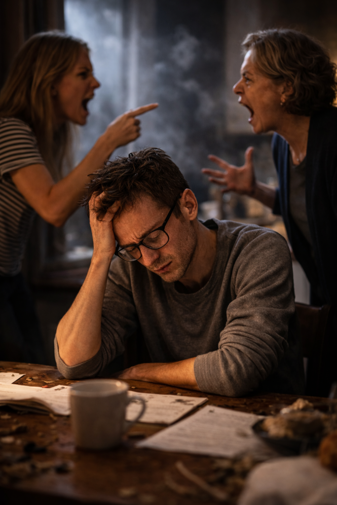 Stressed man sitting with his head down while two women shout and argue around him, illustrating a toxic and emotionally aggressive environment that constantly drains a person’s energy and well-being.