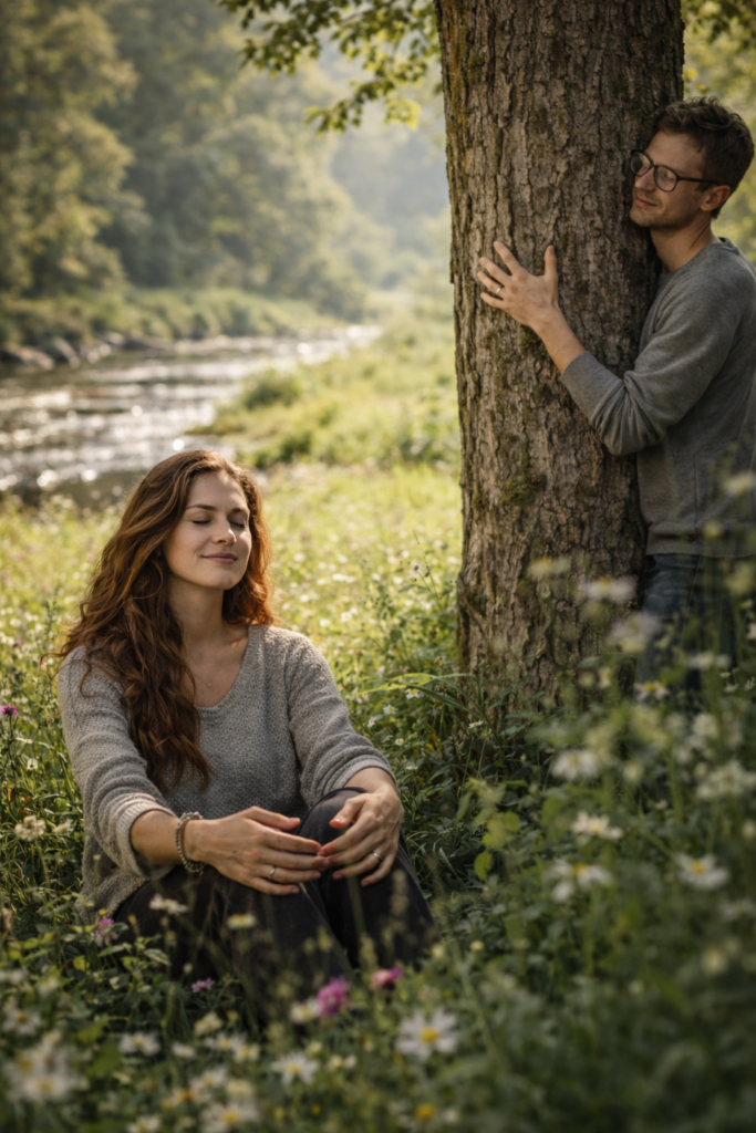 Man and woman relaxing in nature near a river, surrounded by trees and wildflowers, symbolizing emotional recovery, inner balance, and gentle natural energy cleansing through connection with the natural world.