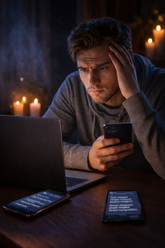 Confused man reading messages on his phone, with a laptop and another phone in front of him, unsure whom to believe after receiving contradictory advice from esoteric practitioners.