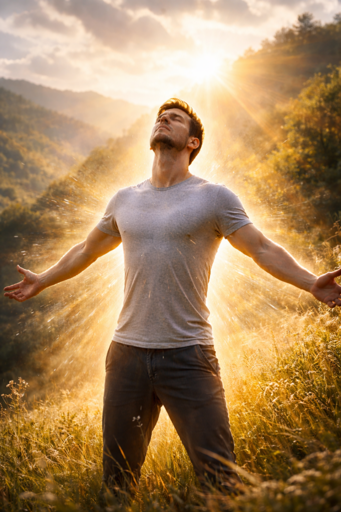 A person standing in nature under sunlight, surrounded by a powerful golden aura symbolizing inner strength, restored energy, and a connection with nature.