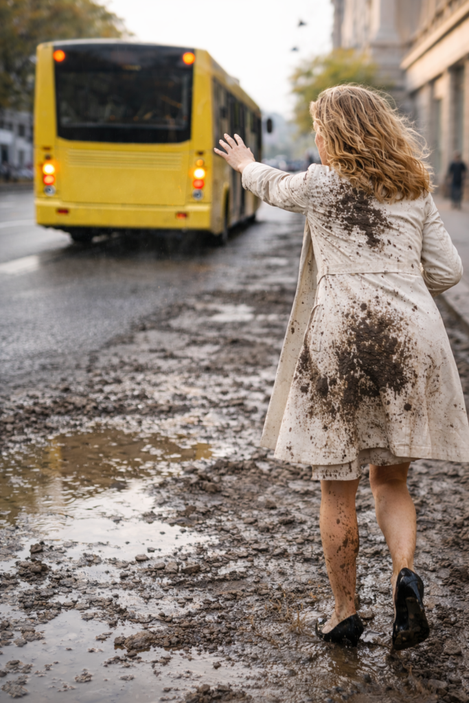  Woman running through muddy street after a departing bus, her white coat splashed with mud as she reaches out toward the bus that is already driving away.