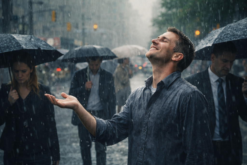 A man standing in the rain smiles and lifts his hand to feel the raindrops, while people around him hurry past under umbrellas with stressed and gloomy expressions.