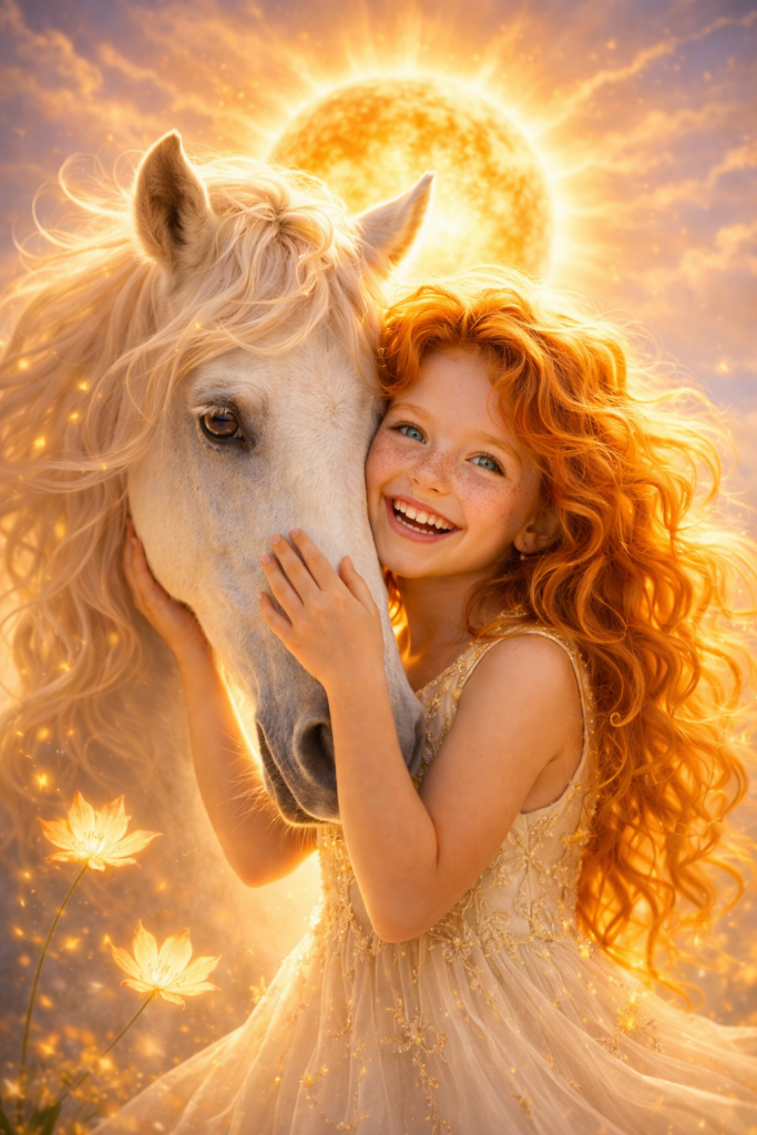 The Sun (XIX) — Atra Lumen — a radiant red-haired child embracing a white horse under a glowing golden sun, symbolizing joy, innocence, warmth, and vitality.