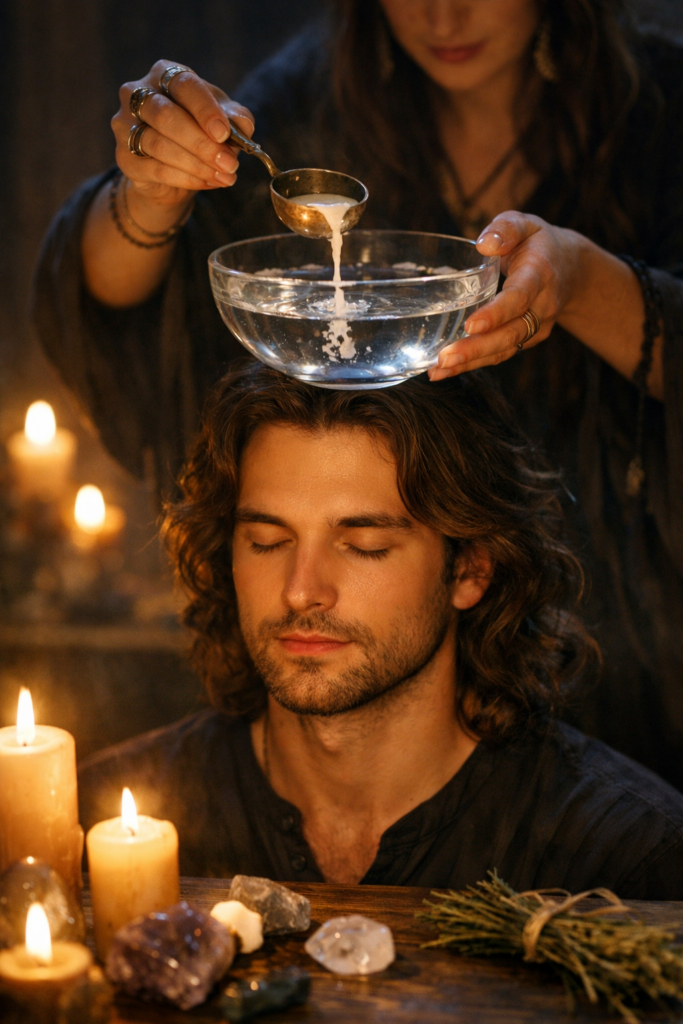 Wax pouring ritual for spiritual diagnosis and cleansing, practitioner pouring melted wax into water above a man’s crown during an energy purification ritual.”