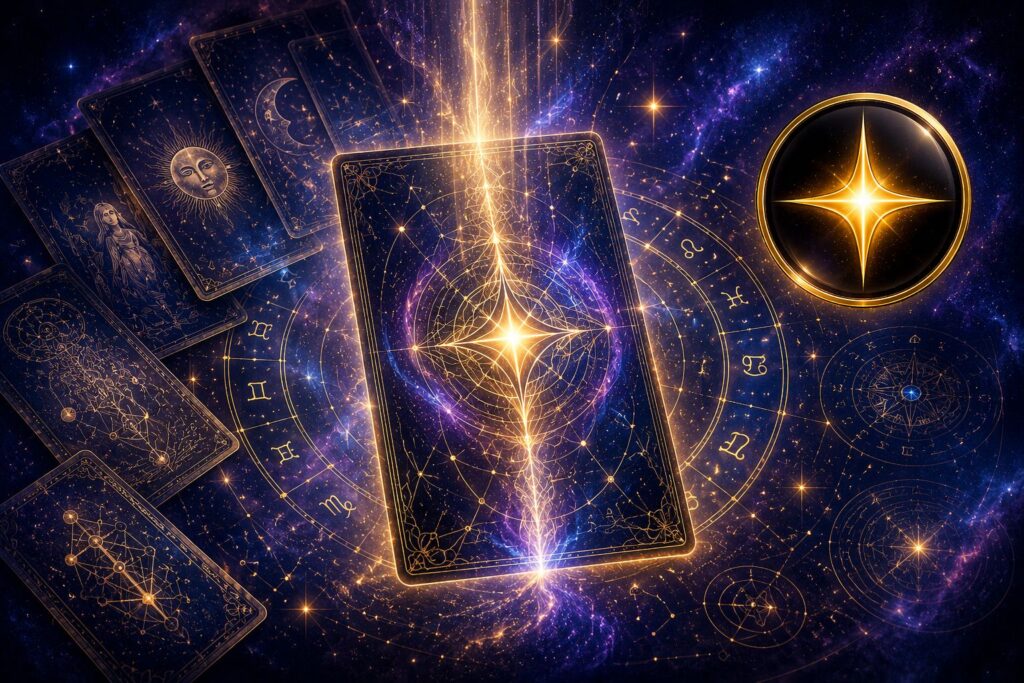 Creation of a personalized ATRASOLA Arcana — a unique archetype formed from Tarot symbolism, astrology, and a personal intention, surrounded by cosmic indigo light and golden energy.ght