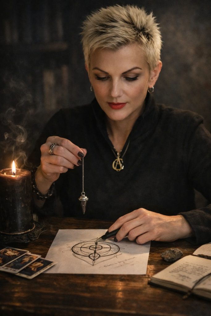 Mujer utilizando un péndulo mientras crea un Arcano personal en una mesa iluminada por una vela