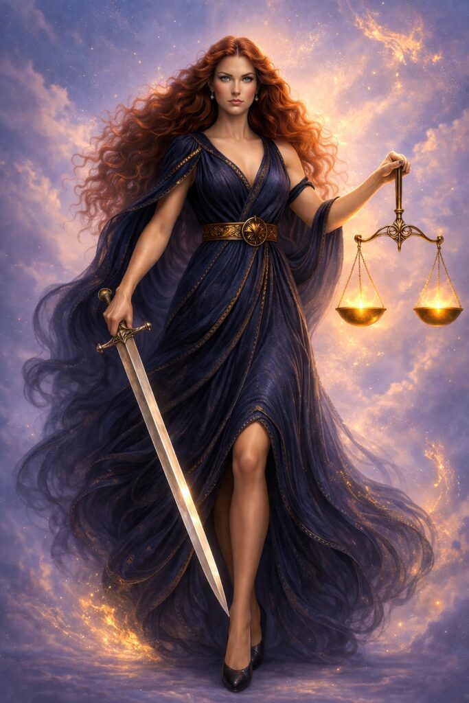 Justice (XI) — Atra Lumen — a composed feminine figure with calm authority, aligned with truth and balance, symbolizing fairness, clarity, responsibility, and right action.