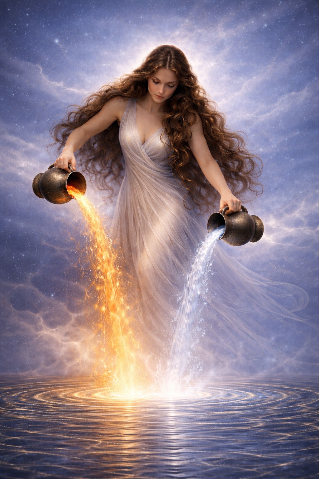 Temperance (XIV) — Atra Lumen — a serene luminous figure blending flowing water and soft golden light, symbolizing balance, harmony, healing, and inner alignment.