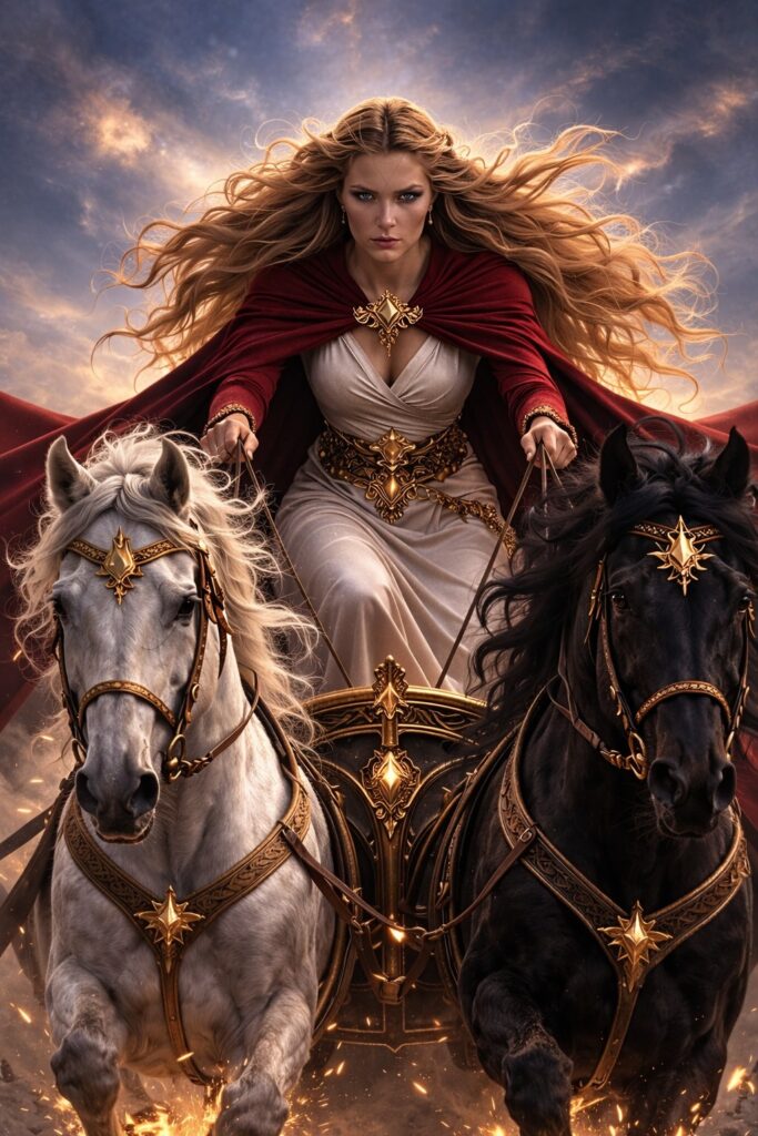 The Chariot (VII) — Atra Lumen — a determined figure guiding opposing forces through radiant light, symbolizing willpower, control, direction, and forward movement.