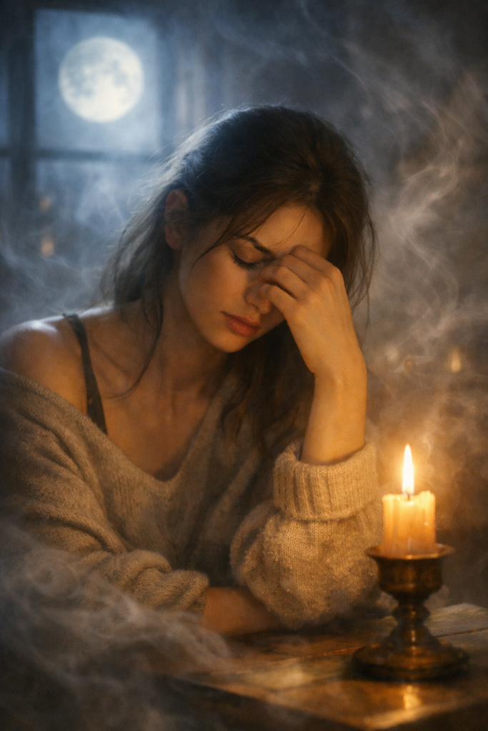 Mujer por la noche, sentada frente a una vela encendida, con dolor de cabeza y malestar después de una limpieza energética.