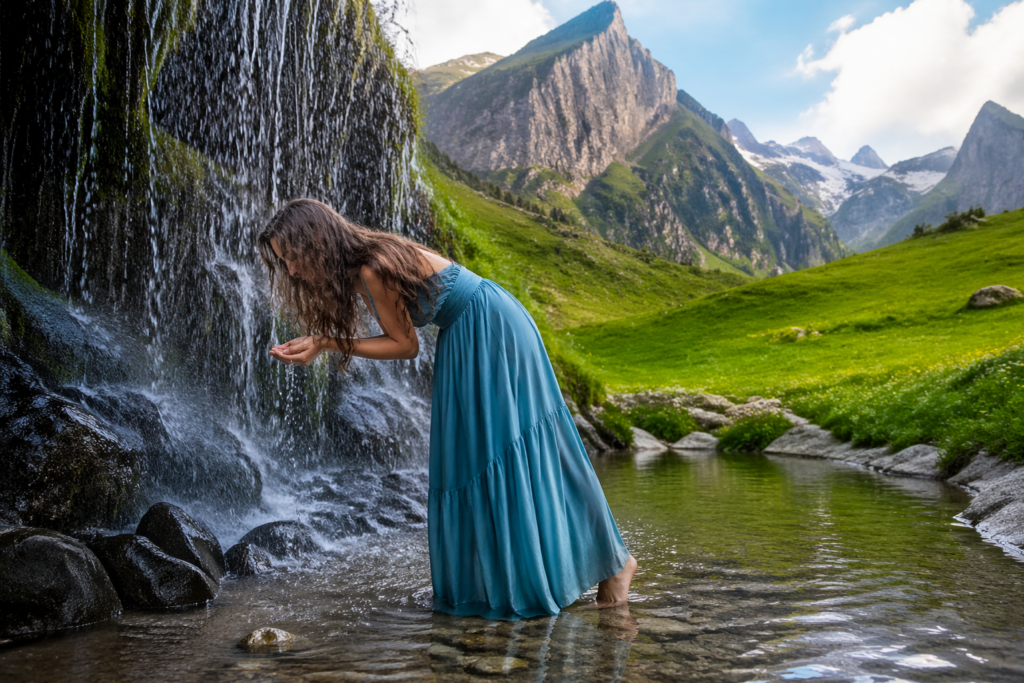 Mujer descalza en la naturaleza, junto a una cascada, lavándose el rostro con agua como gesto de limpieza y reconexión, en calma y en contacto con la tierra.