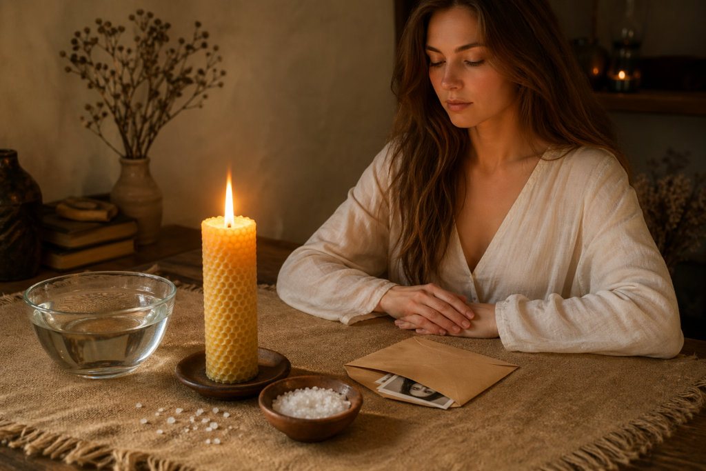 Preparación para trabajo con fotos y vertido de cera: mujer con ropa clara, vela encendida, agua, sal y fotografía sobre una mesa limpia