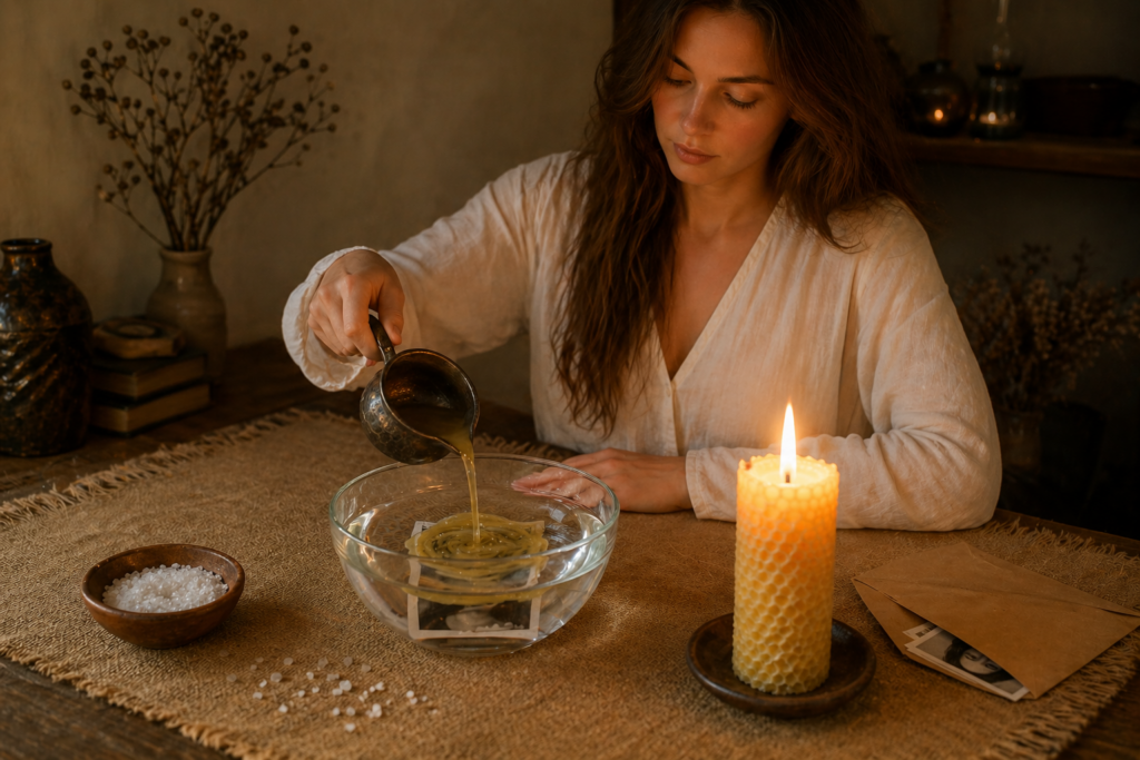 Mujer con ropa clara realizando vertido de cera con foto: cera caliente cayendo en un recipiente con agua sobre la fotografía, con vela encendida y sal para limpieza energética