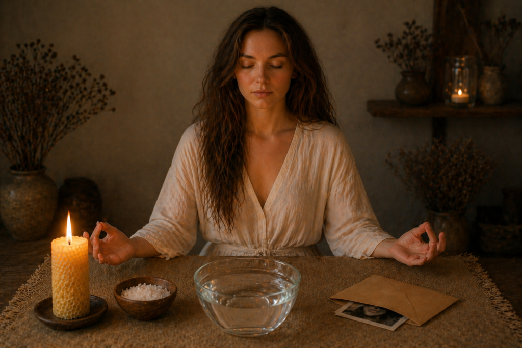  Mujer preparándose para trabajar con fotos: vela de cera natural, agua, sal y un sobre con la fotografía sobre la mesa
