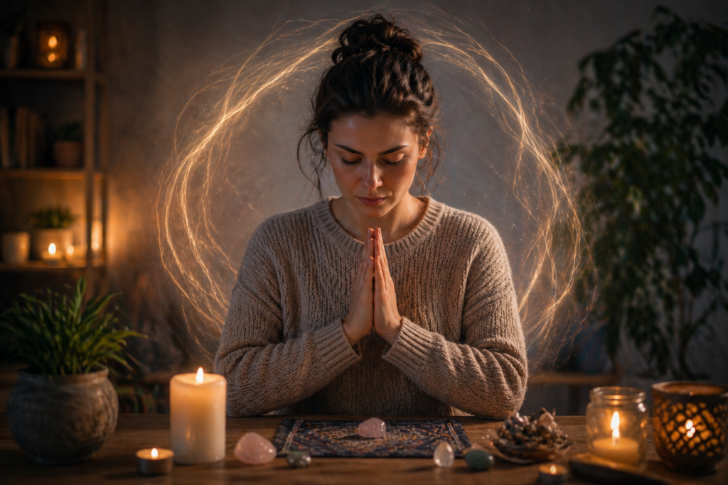mujer en meditación con velas realizando práctica de limpieza energética y recuperación del equilibrio interior