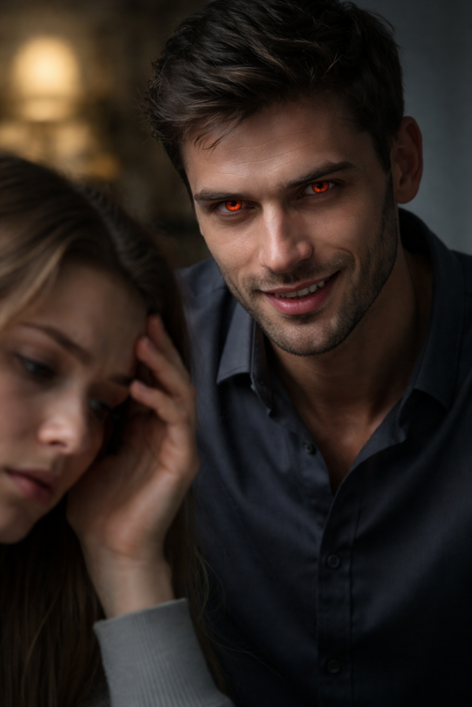 Energy vampire: a man with a piercing predatory gaze and a subtle unsettling smile beside a drained woman, showing the feeling of losing energy after a conversation