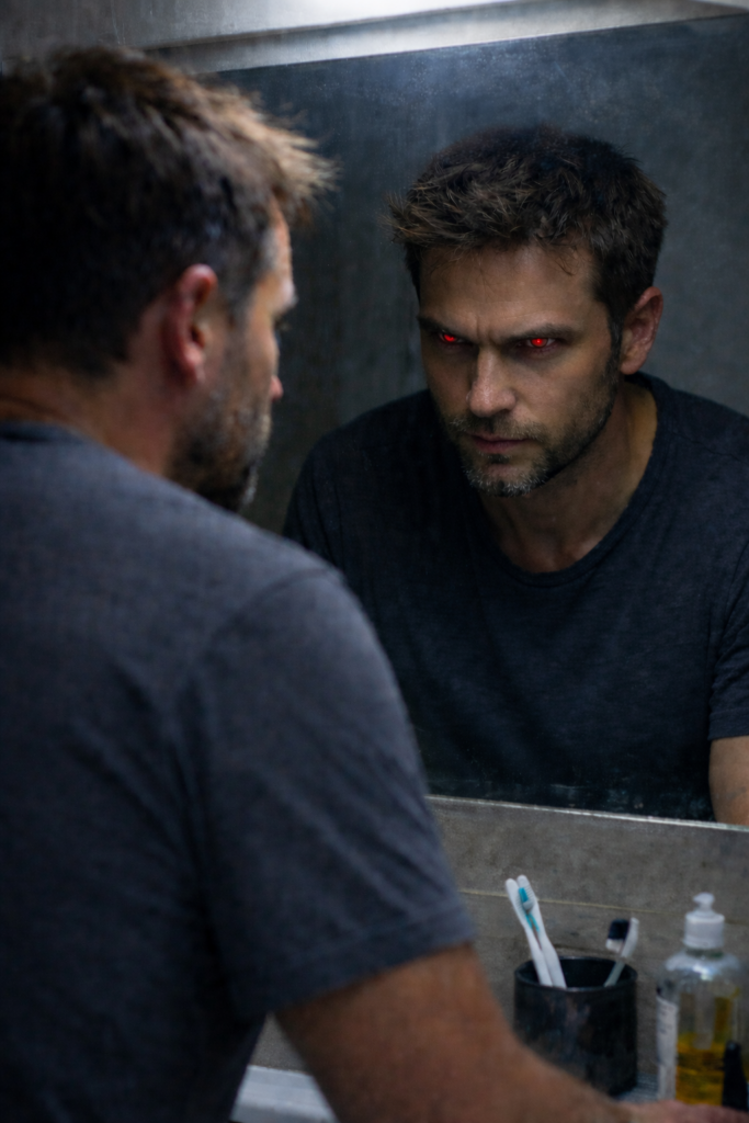 Man looking into a mirror with red pupils and an unsettling expression