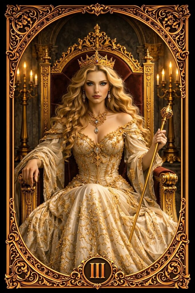 La Emperatriz, carta del Tarot Atra Saphor, figura femenina rodeada de belleza y armonía, energía creadora, feminidad y abundancia