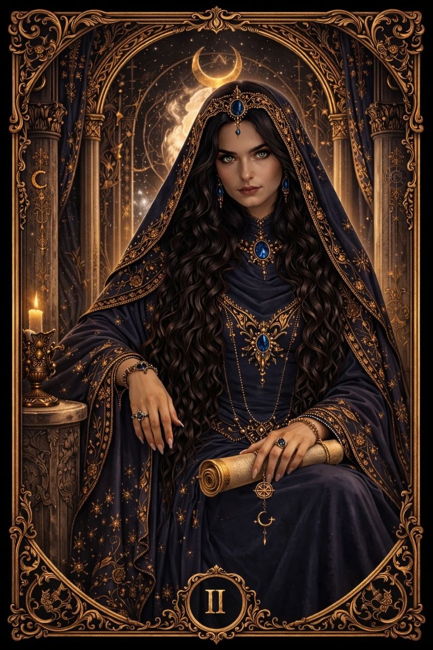 High Priestess tarot card from the Atra Saphor deck, showing a mystical woman in deep blue and gold robes seated between dark pillars, with a luminous veil, crescent moon symbolism, and a calm, intuitive expression.