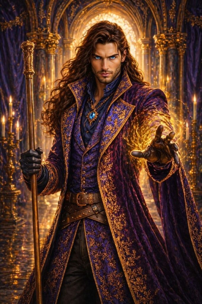 ES: El Mago de Atra Saphor: creador elegante de la realidad, herramientas doradas de magia, foco radiante de voluntad, imagen de lujo de manifestación de deseos