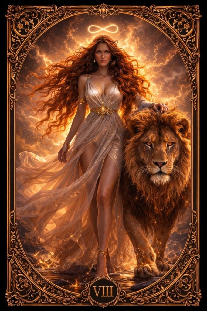 La Fuerza, carta del Tarot Atra Saphor, mujer con presencia firme y elegante, control interior, poder suave y equilibrio emocional
