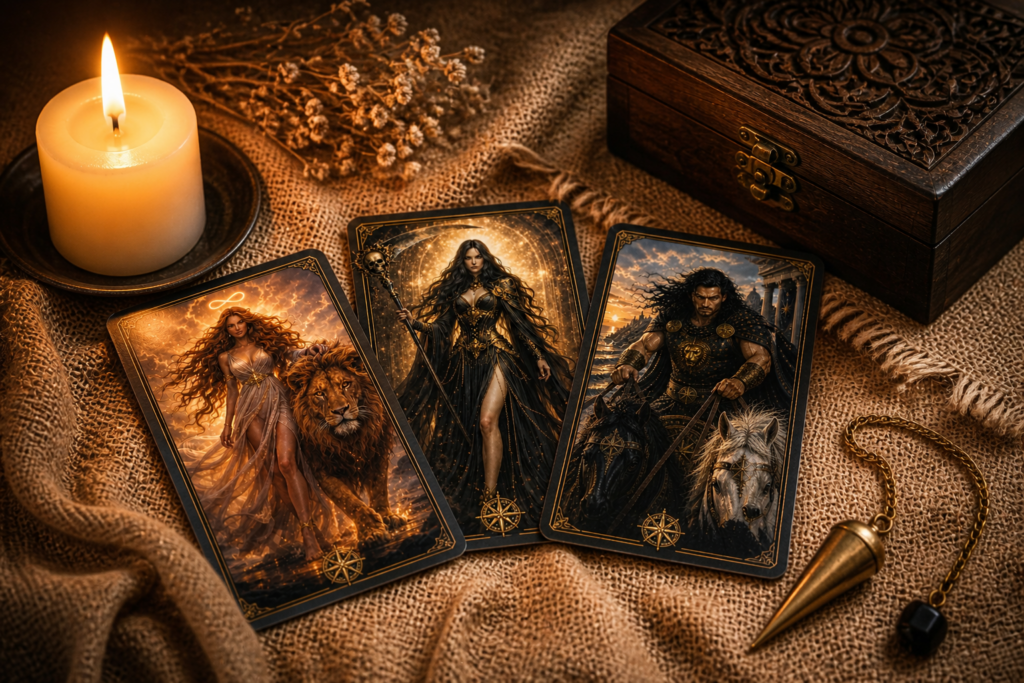 Online-Tarotberatung mit Autorenkarten auf einem Holztisch, brennender Kerze, Pendel und sanftem Weihrauchrauch