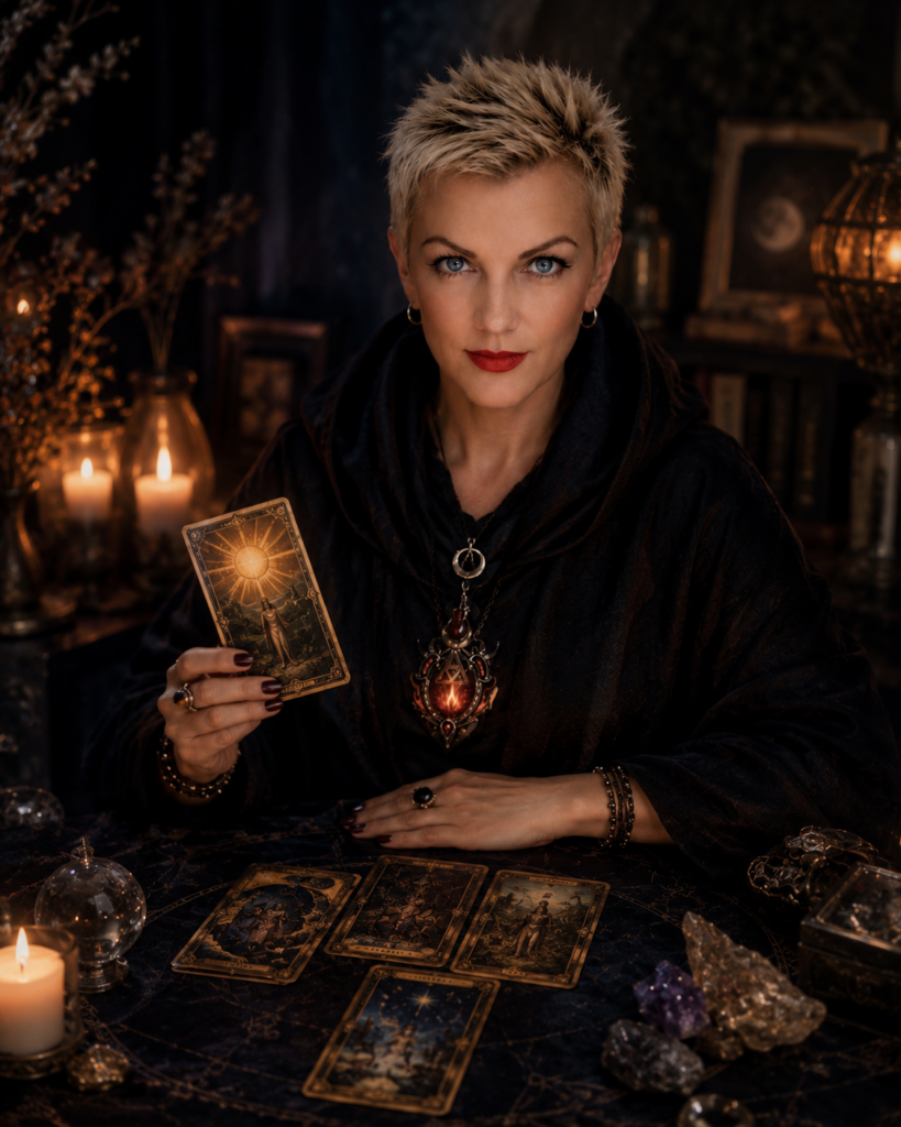 Mujer sosteniendo una carta de Tarot en un ambiente místico con velas, cristales y elementos esotéricos. Lectura de Tarot y diagnóstico energético en AtraSola.