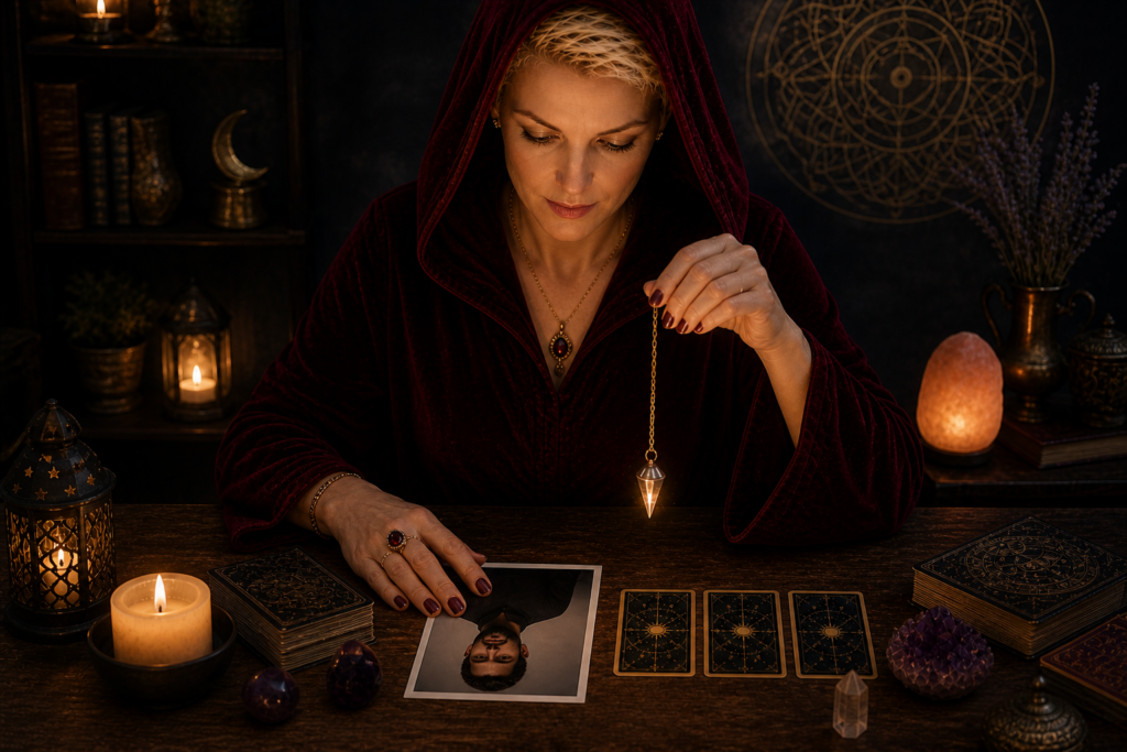 Diagnóstico energético con tarot y péndulo sobre fotografía de una persona, análisis del estado energético