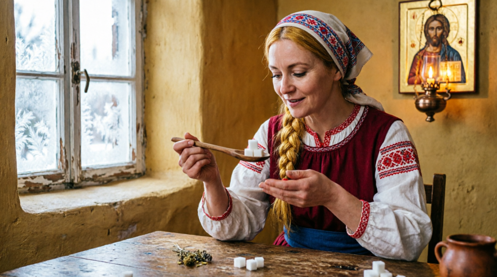 Женщина делает заговор на сахар