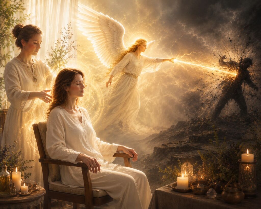 Woman calmly undergoing a curse cleansing ritual while entrusting justice to higher forces, as a radiant angel directs a strike toward the dark figure responsible for the harm.