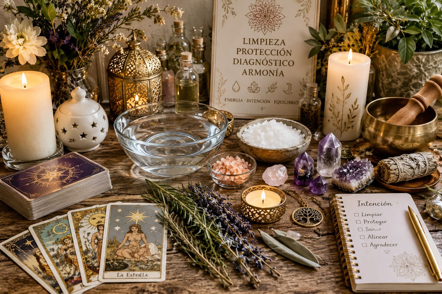 Prácticas esotéricas con velas, agua, sal, cristales, hierbas y tarot para limpieza energética, protección espiritual y diagnóstico energético.